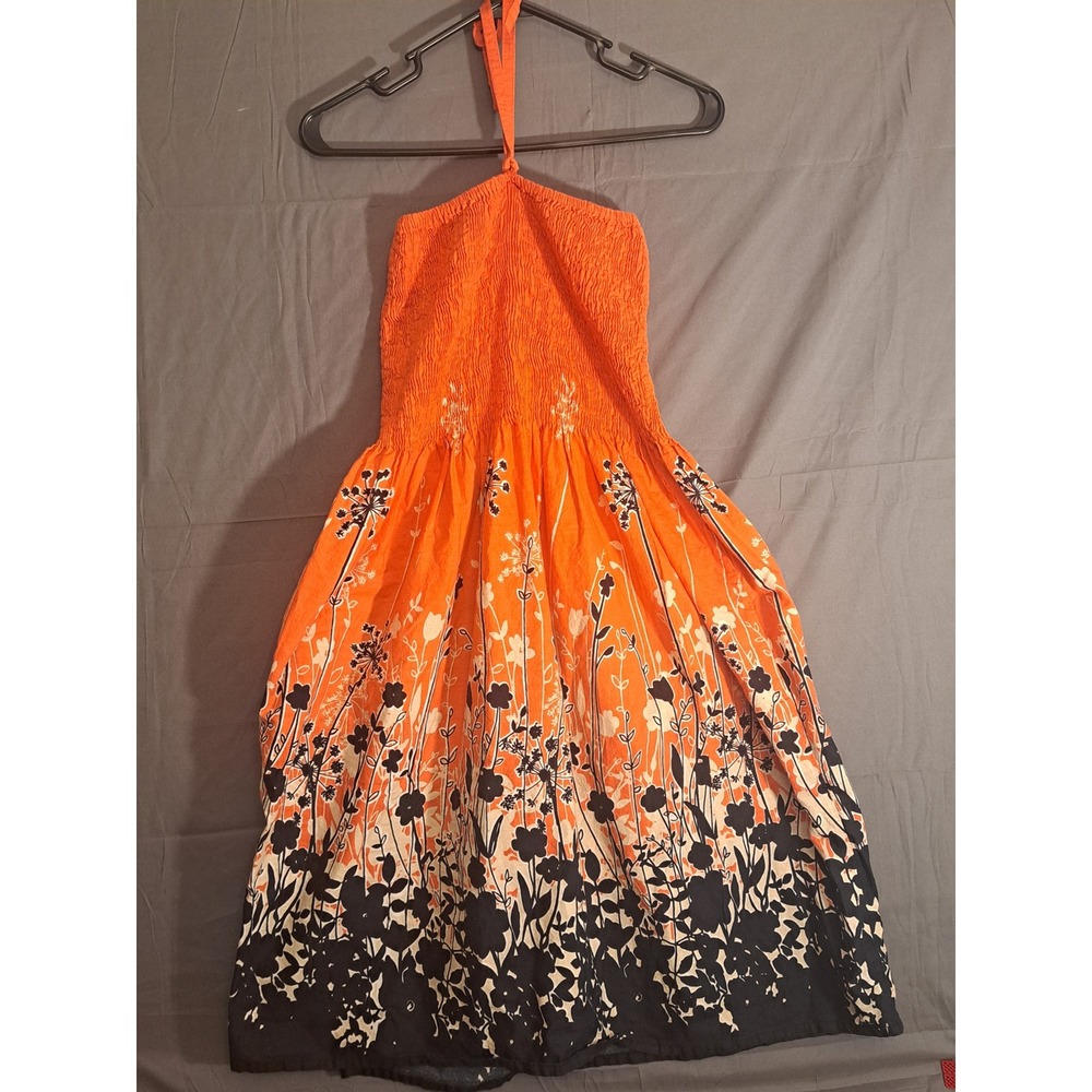CYN By Cynthia Mehra Floral Halter Tie Dress Women's One Size Orange Black Boho